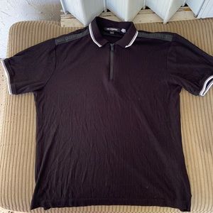 Karl Lagerfeld Black Ribbed Zip Up Short Sleeve White Contrast Collar Trim Shirt